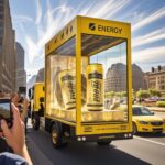 Advertising glass showcase truck moving around Dubai promoting Energy drink brand
