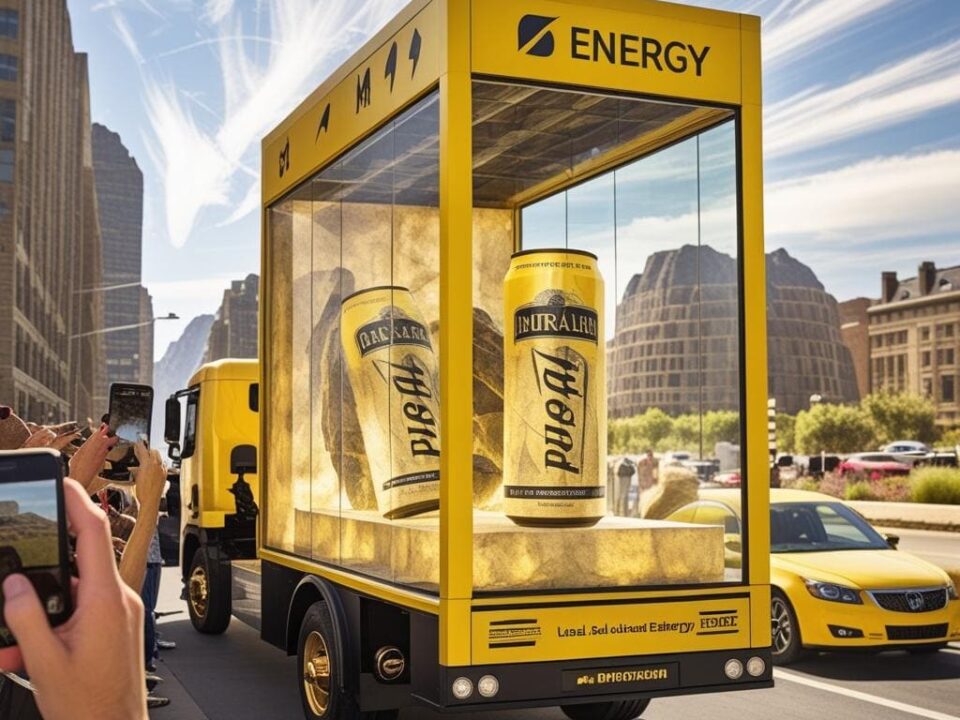 Advertising glass showcase truck moving around Dubai promoting Energy drink brand