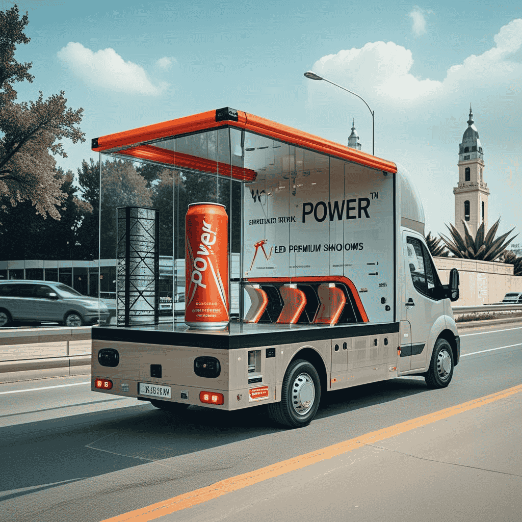 Glass showcase truck drives across major city landmarks and busy roads