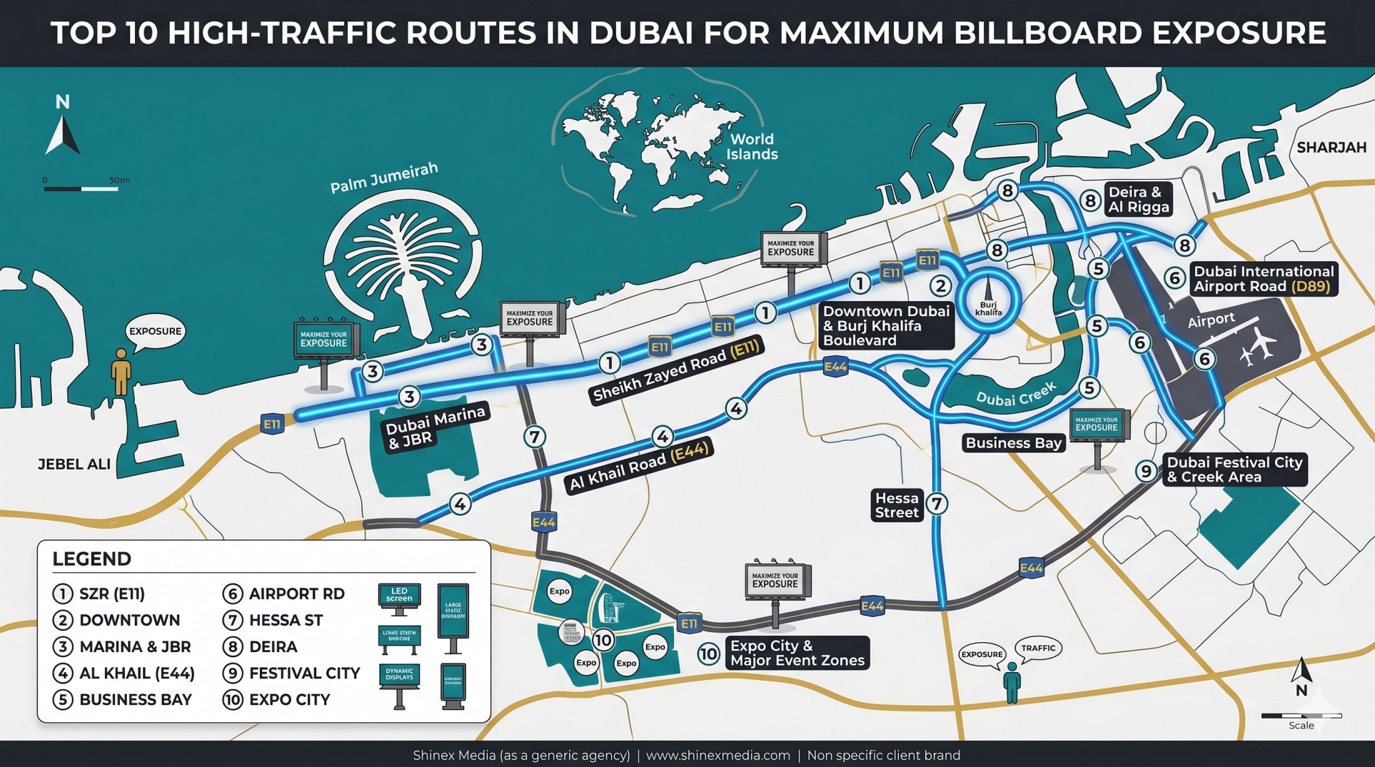 Map of top OOH advertising routes in Dubai
